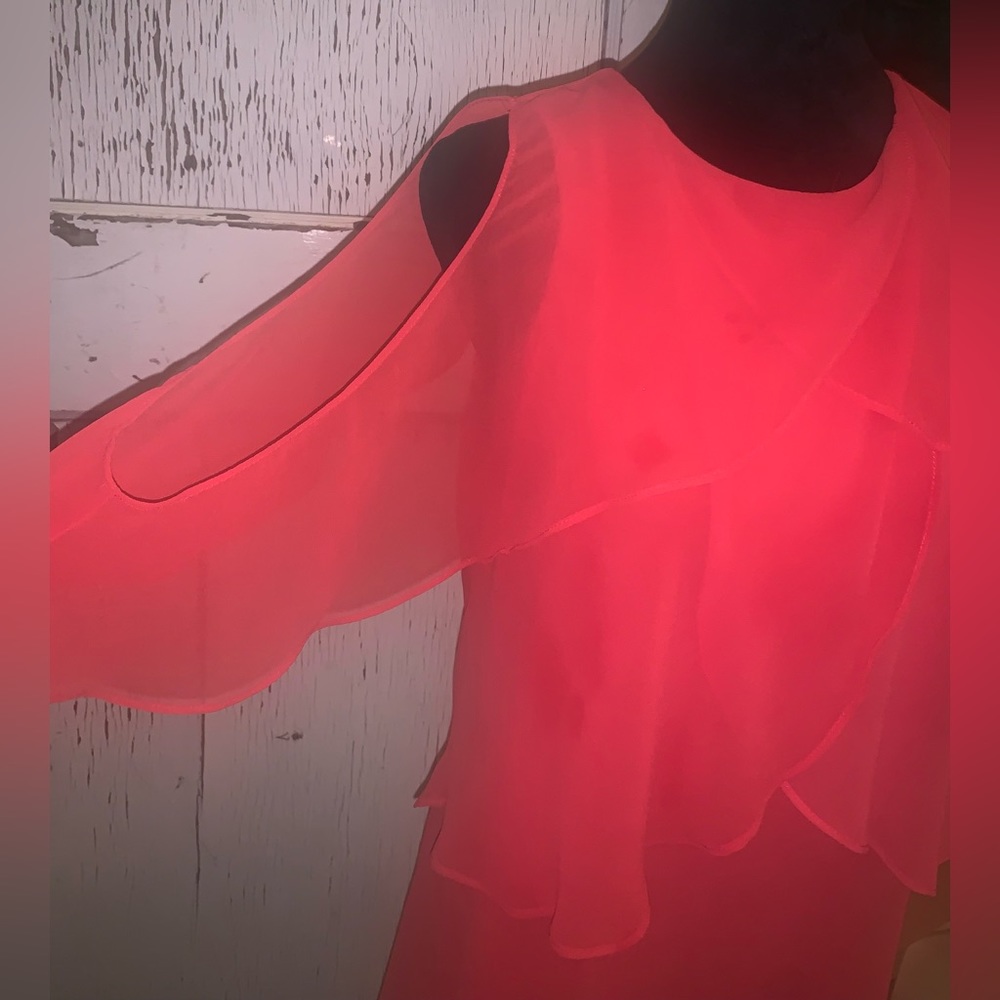 WHBM- Sheer Salmon Color Sleeveless Blouse with Tiers of Flowy Ruffles-NWOT - Picture 4 of 8